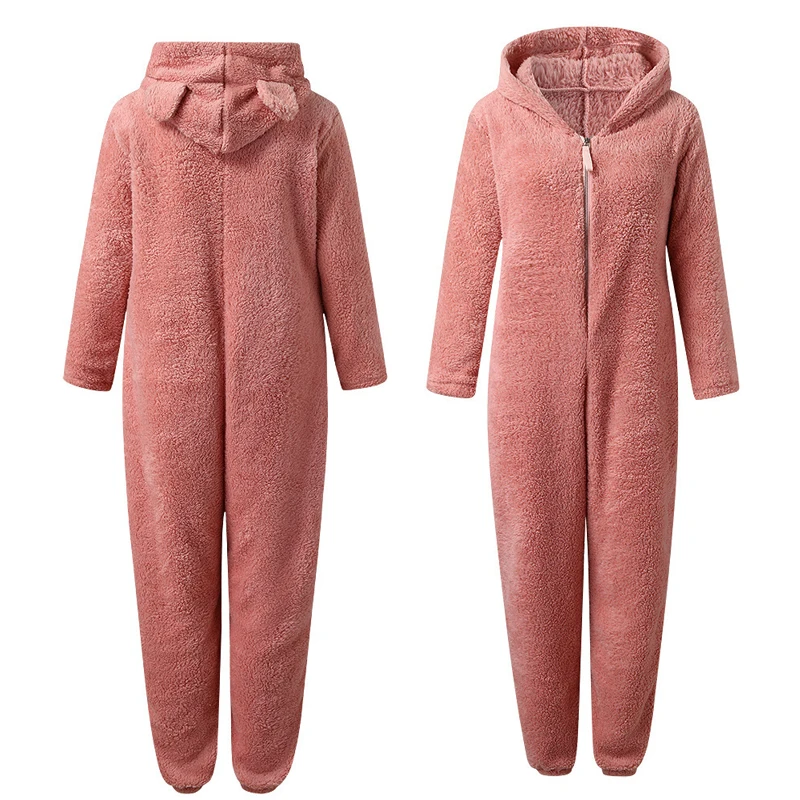 Damen tragen Hüte, Bärenohren, Plüsch-Overall, Pyjama, Heimkleidung, Damen, dicke und warme Nachtwäsche mit Kapuze und einfarbigem Reißverschluss