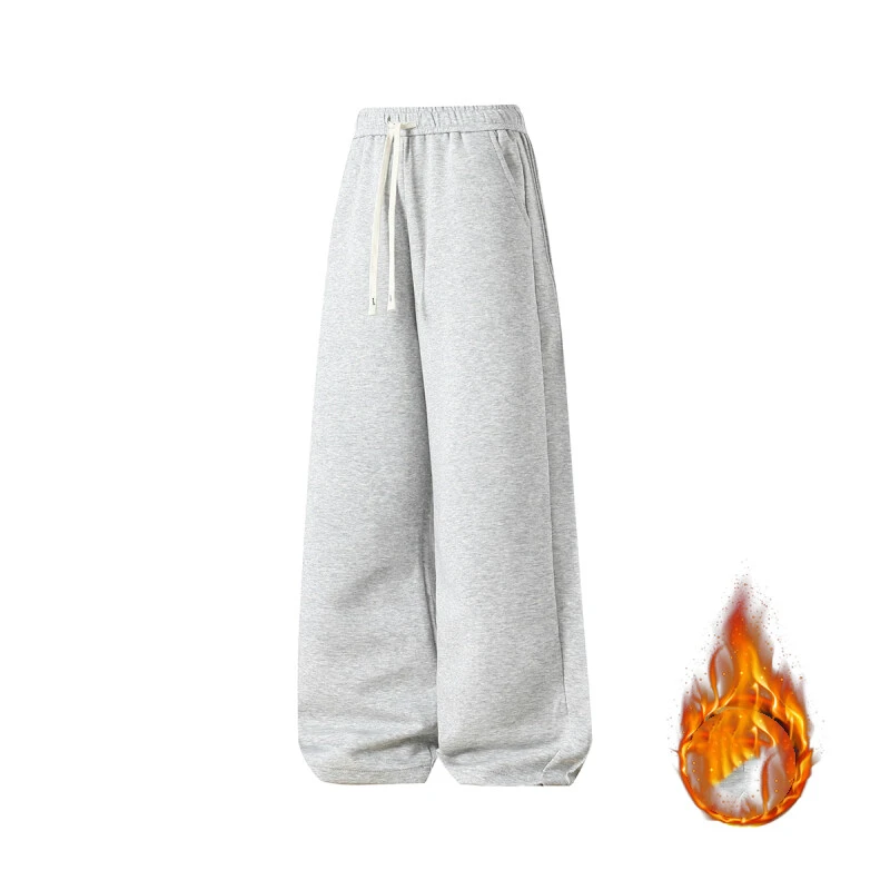 Men\'s Clothing Autumn Winter Trousers Cargo Wide Leg Flocking Solid Color Elastic High Waist Pockets Casual Loose England Pants