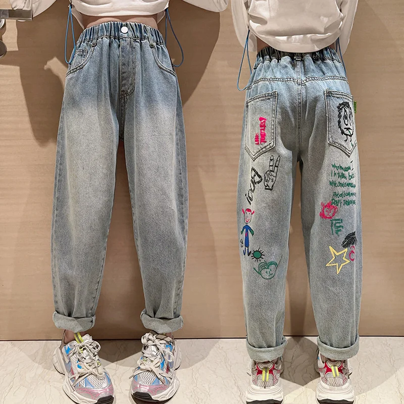 Girls Jean Pants Long Trousers Cotton 2024 Cartoon Spring Autumn Teenagers Baby's Kids Pants High QualityTeenagers Children's Cl