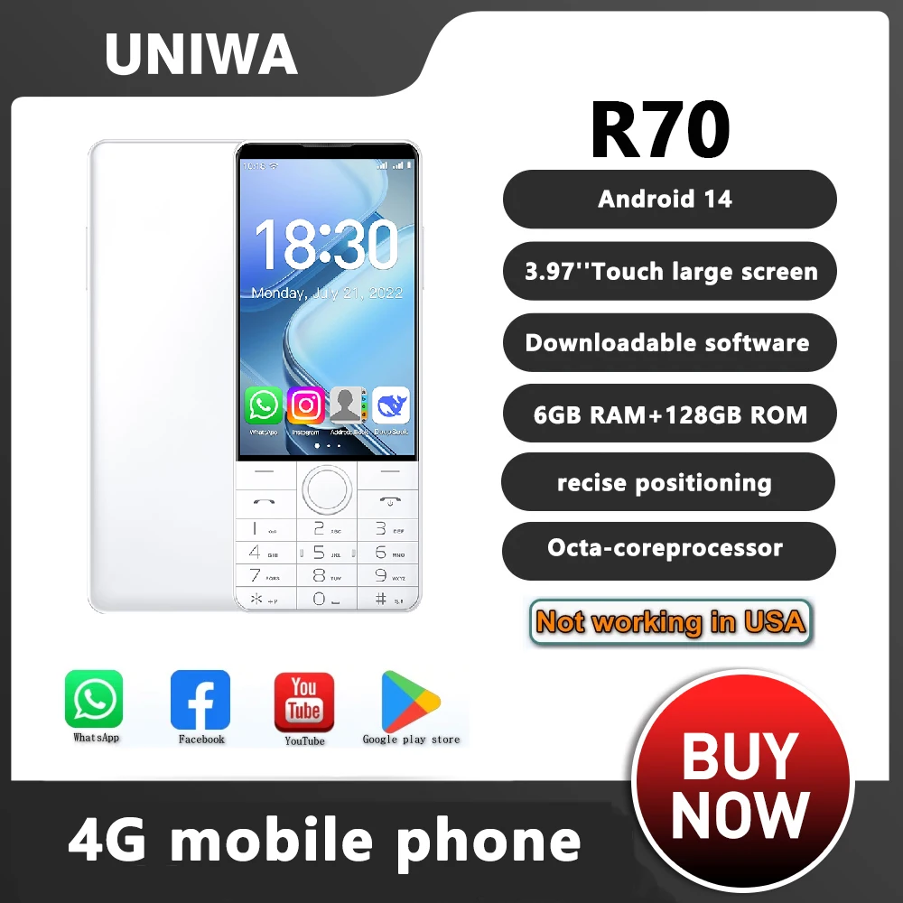 DOOV Without Camera R70 4G Smart Touch Screen Keypad Mobile Phone 6GB+128GB 2600mAh 4.0 Inch Smartphone Android 14 wifi