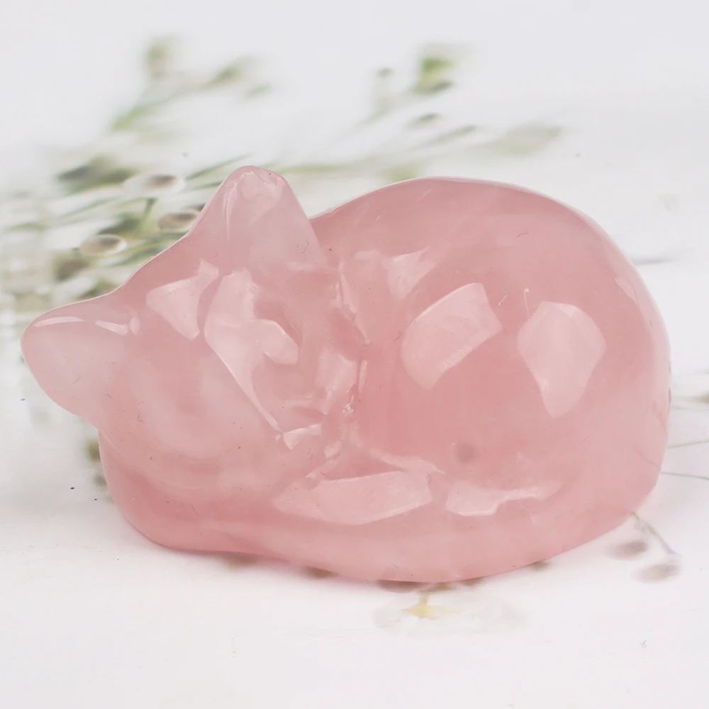 Big Rose Quartz Sleeping Cat Decoration 2.2 Inch Crystal Carved Animal Mineral Healing Souvenir Big Size Zoo Theme view 2