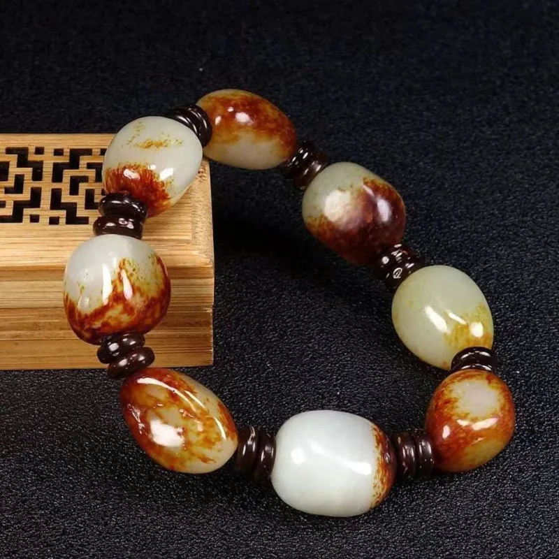 Natural Hetian Material Stone Jujube Seed Red Skin Jade Freeform Bracelet