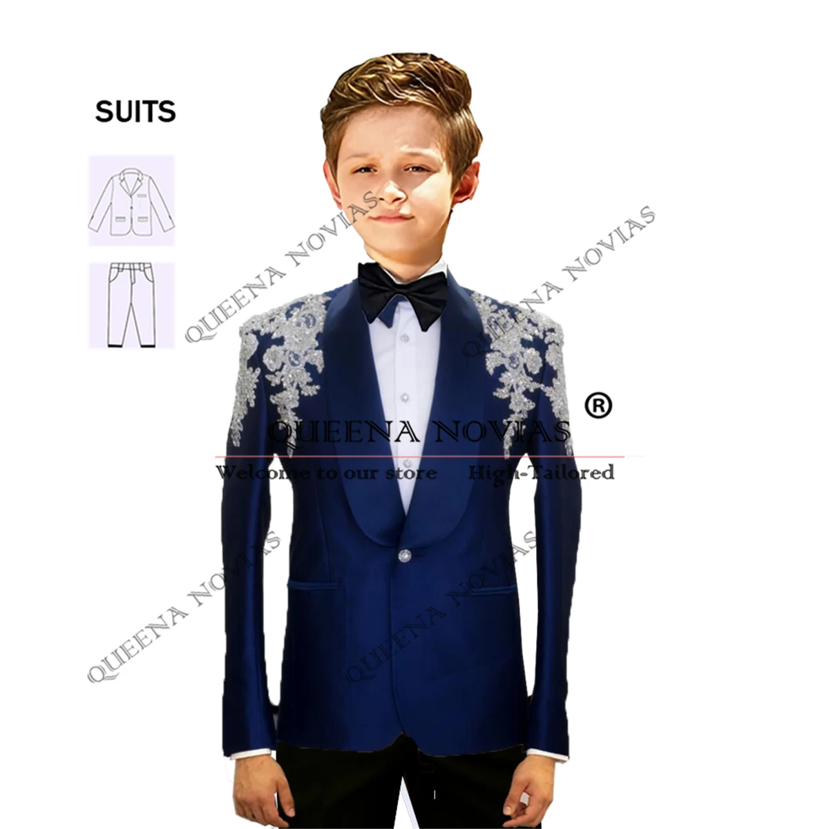 

Luxury Boys Suits For Wedding Sparkly Sliver Beads Appliques Blazers Customized 2 Pieces Children Tuxedos traje de niño formal