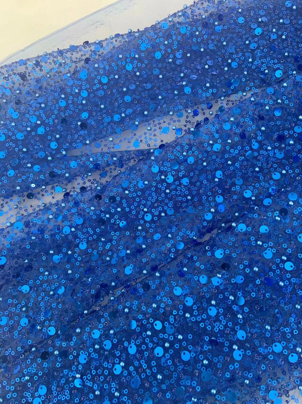 1 Yard Royal Blue Sparkle Sequins Glitter Beads Tulle Lace Fabric with Pearls for Bridal Accessories,Evening Party Skirts