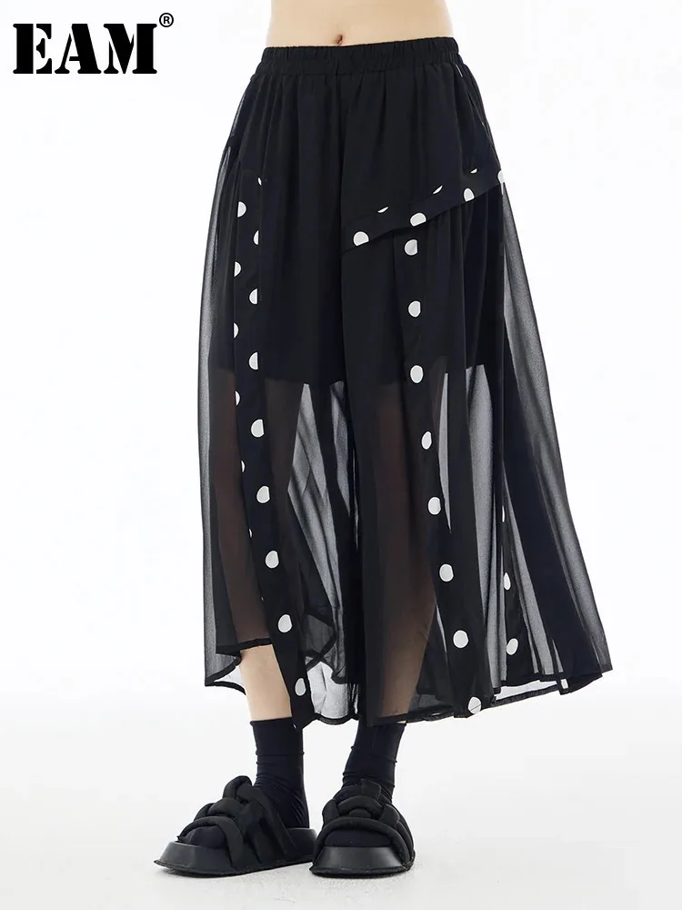 

[EAM] High Elastic Waist Black Dot Chiffon Long Wide Leg Pants New Trousers Women Fashion Tide Spring Autumn 2024 1DH6136