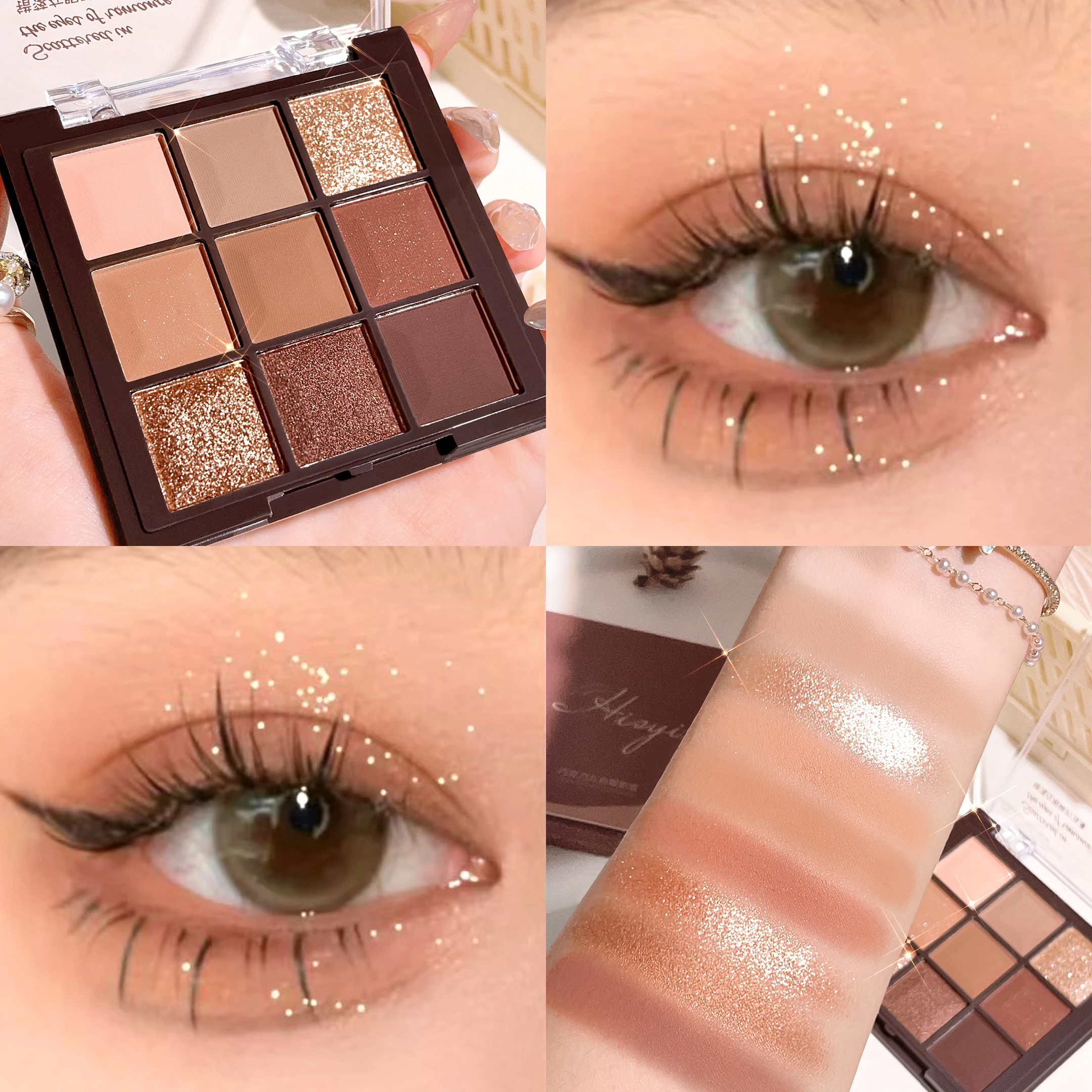 9-Color Chocolate Eyeshadow Palette with Pearl Shine, Fine Glitter, Matte Earth Tones, and Highlighting for Makeup