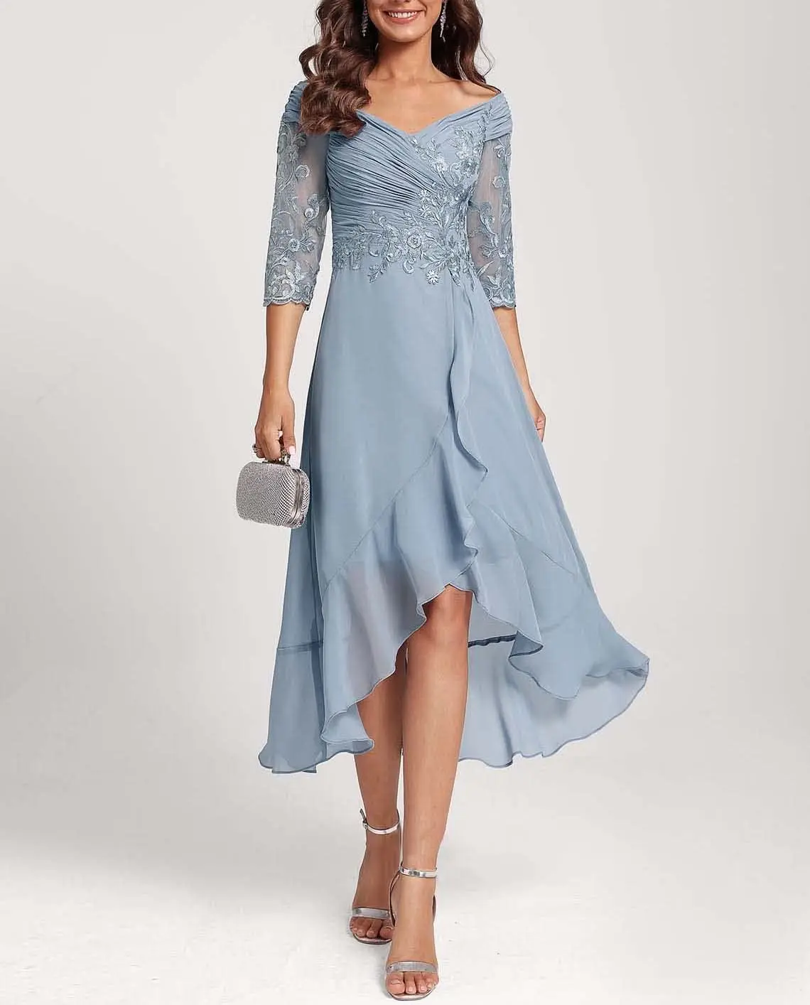 

Women's A Line Chiffon Lace Mother of The Bride Dress Tea Length Formal Evening Gown Half Sleeve