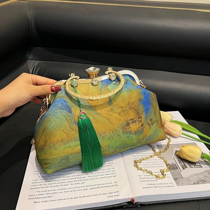 Chinese Style Women's Bamboo Joint Portable Clip Bag Guochao Antique Style Thousand Miles Jiangshan Map Fashion Chain Dinner Bag