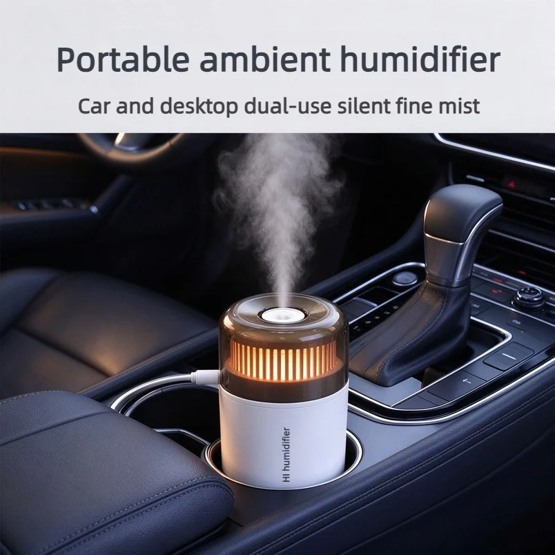 New Mini Portable Air Humidifier Type-c Powered Low Noise Mist Sprayer For Car Cup Holder Desktop With Ambient Night Light