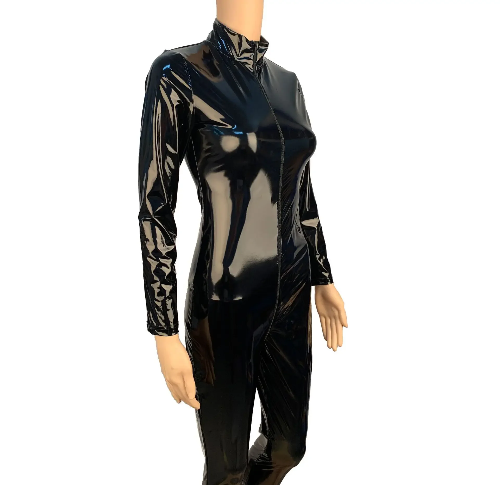 Brilhante pvc catsuit boate festa sexy macacões eróticos manga longa zíper aberto virilha bodysuit apertado couro molhado olhar bodysuits