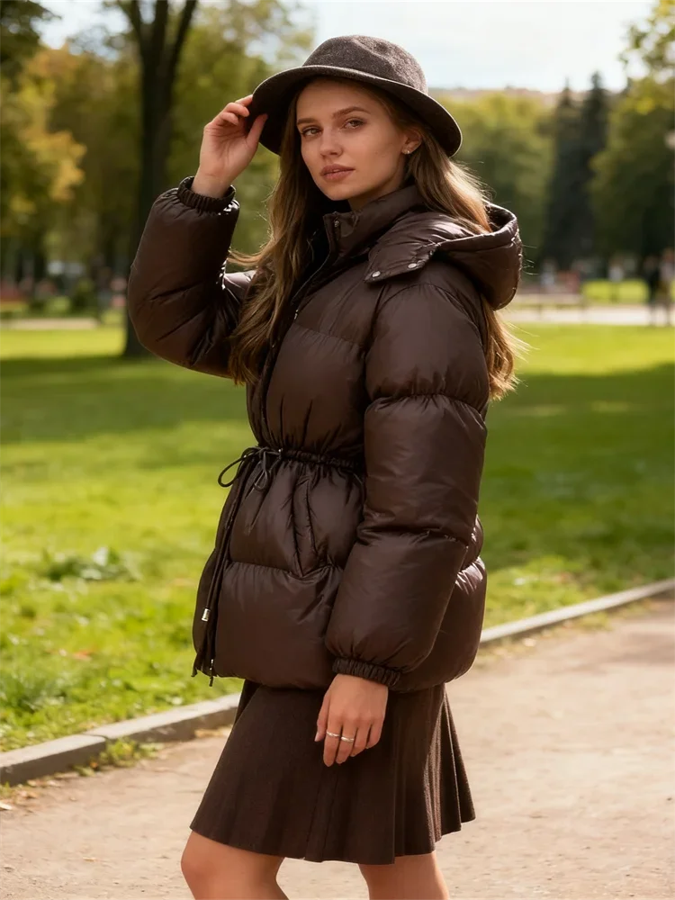 

Glossy Shiny Women 's Down Jackets 2025 Vintage Hooded Zipper Puffer Full Sleeve Jackets for Woman Winter Warm Coats Outwears