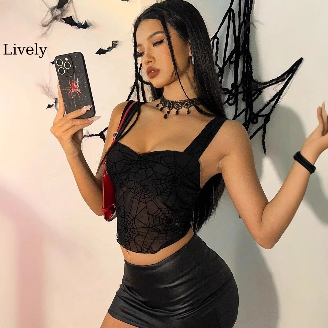 

Sexy Hottie Spider Web Mesh Tank Top Sheer Sleeveless Slim Fitted Backless Crop Top Club Party Night Out Fashion Trendy Outfit