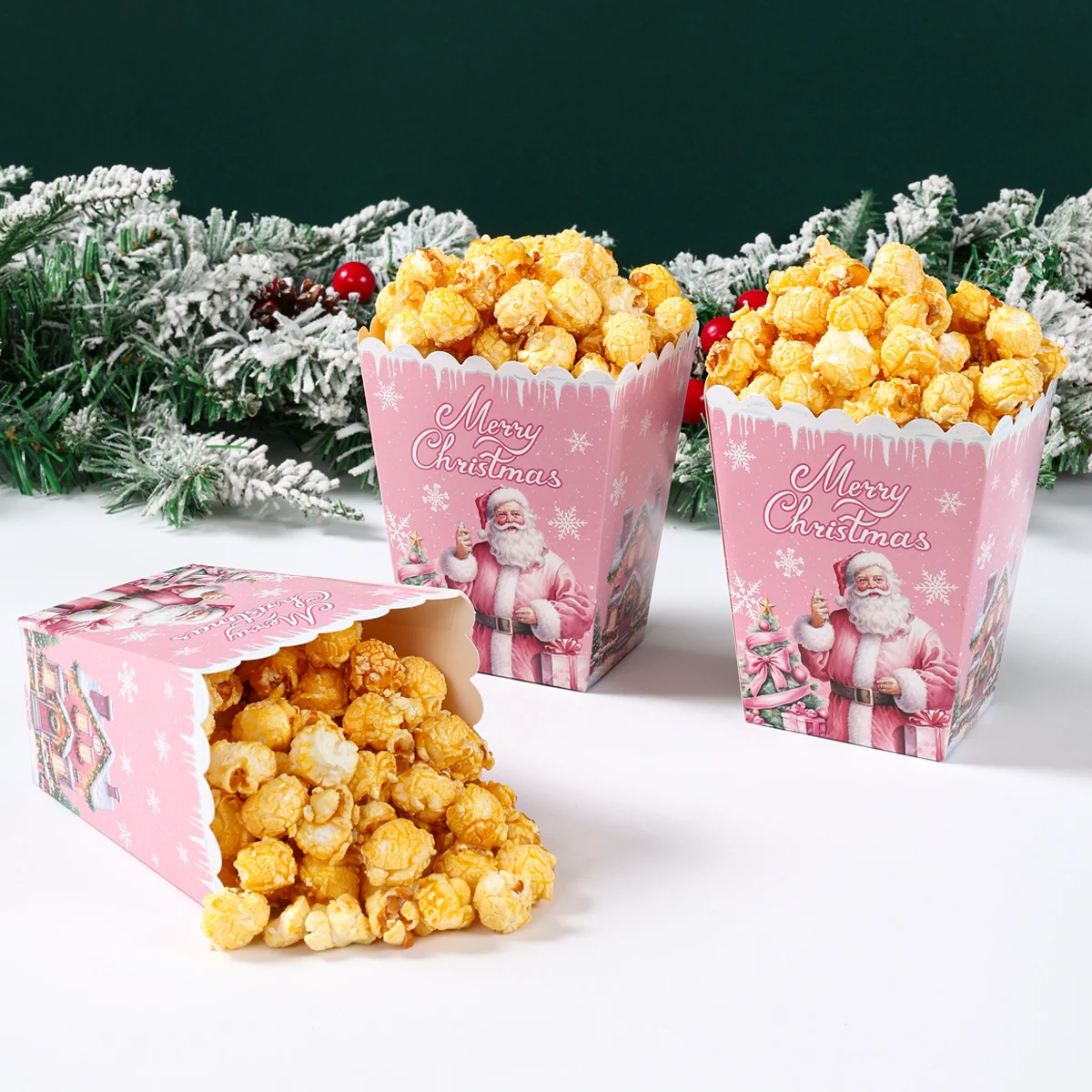 Caja de palomitas de maíz de Papá Noel rosa de Navidad, Caja de galletas de muñeco de nieve de Navidad, decoración de Feliz Navidad para el hogar, Año Nuevo 2024, 2025