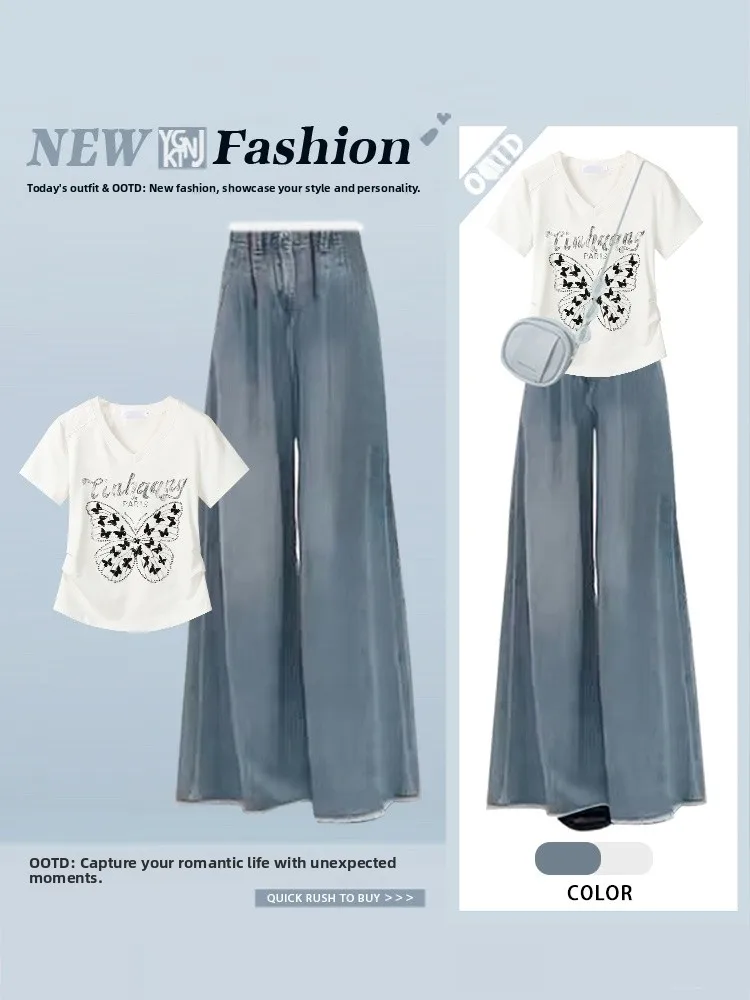 

Women's Faion Summer Set White ort Sve Top And High Waist Loose Wide Leg Jeans Two Piece Ensemble V Ne Design