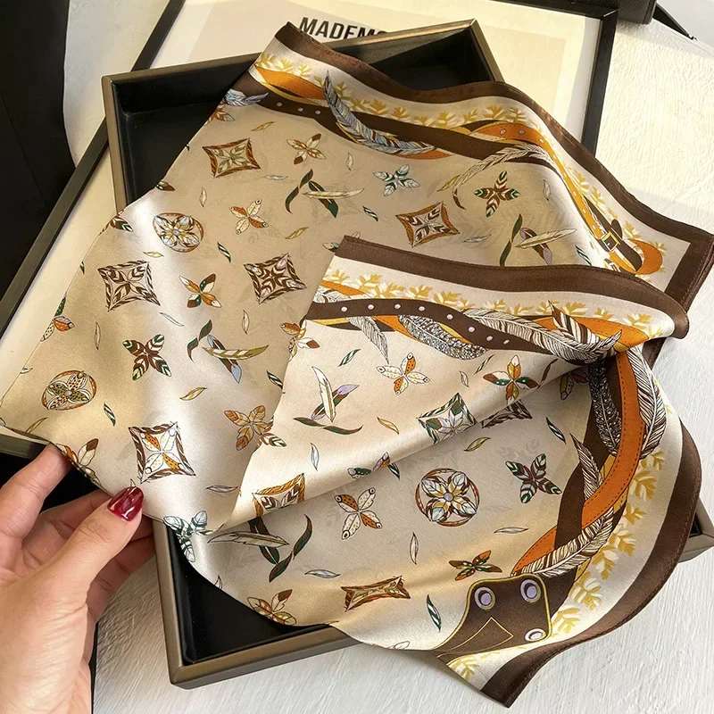 Khaki Feather Selling New 70 Square Scarf Fashion Style Silk Scarf Imitation Silk Square Scarf All Matching Thin Scarf