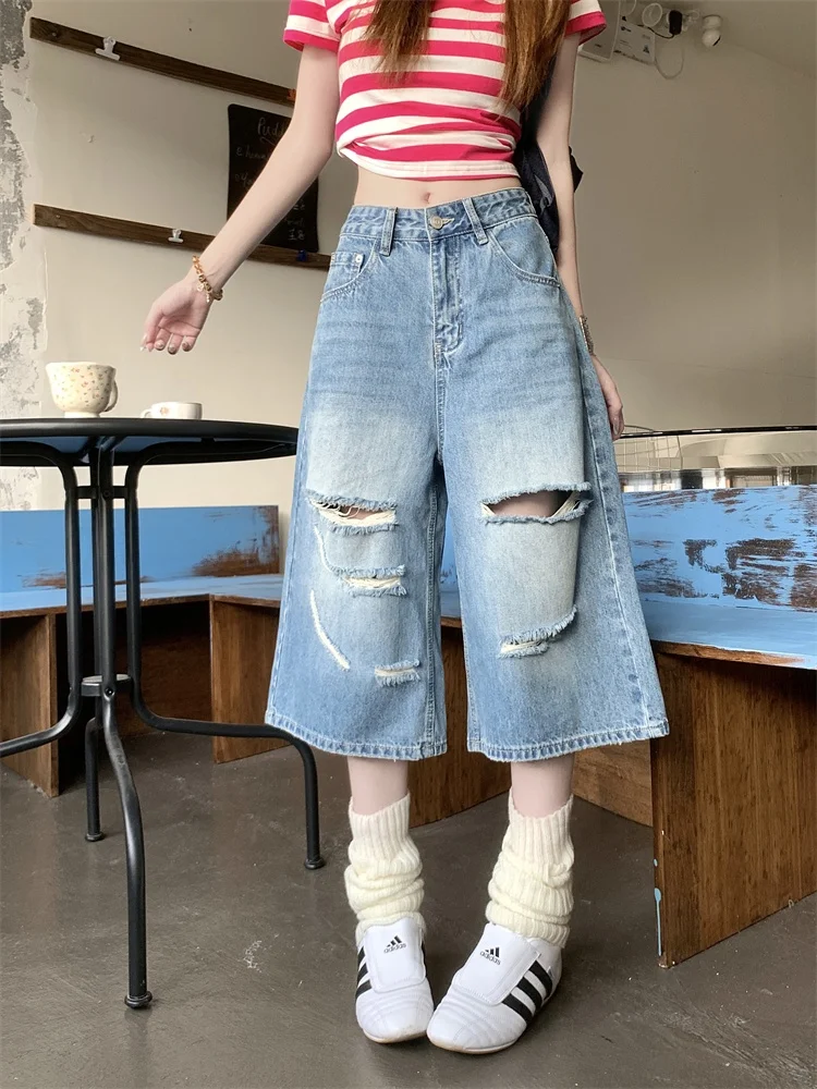 

American Style Vintage Blue Faded Denim Jeans Women's High Waist Slim Wide Leg Pants Summer Casual High Waist Jeans