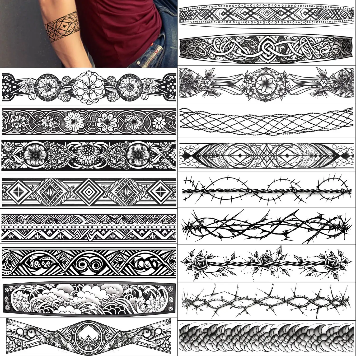 GLARYYEARS Arm Band tatuaggio temporaneo-confezione da 18 tatuaggi finti in stile Super lungo, realistico e Boho, tribù di bracciali a lunga durata