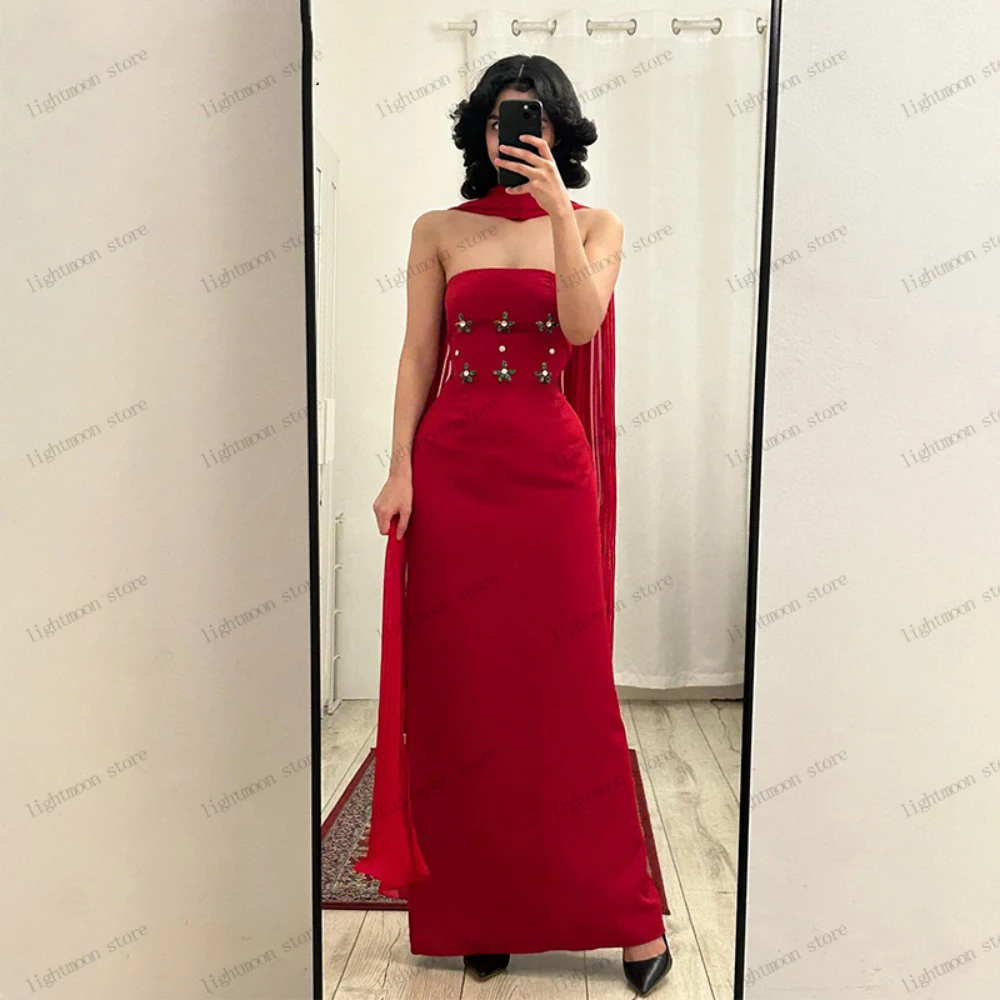 

Pretty Evening Dresses 2024 Modern Prom Dress Beading Appliques Sexy Strapless Backless Robes Glamorous Red Vestidos De Noche