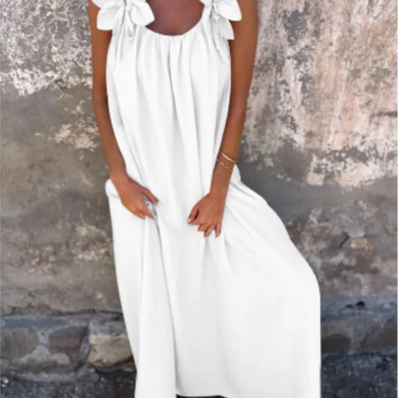 

Summer New Solid Color Women Dress Fashion V-neck Craft Flowers Decorate Casual Loose Party Dresses Holiday Street Wear Vestido