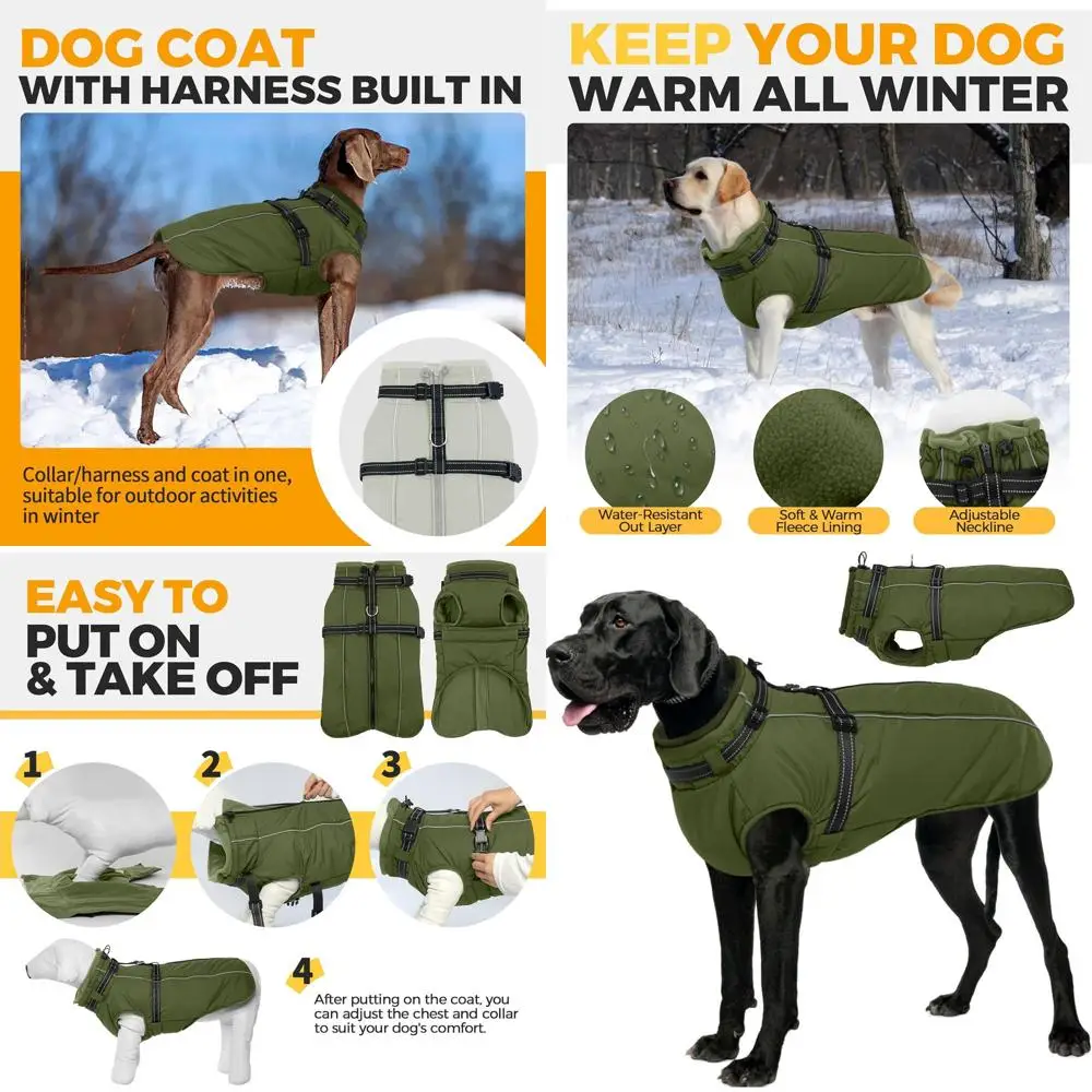 

Army Green Reflective Waterproof Winter Coat with Built-in Harness for Large Dogs, XXXL