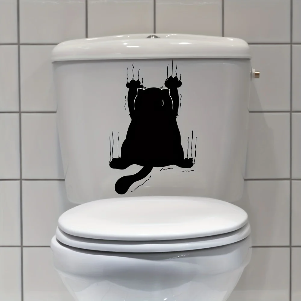 Lucky Cat Funny Black Cat Scratches Toilet Stickers Decorative Bathroom Decals Wall Stickers Self Adhesive Waterproof Home Decor