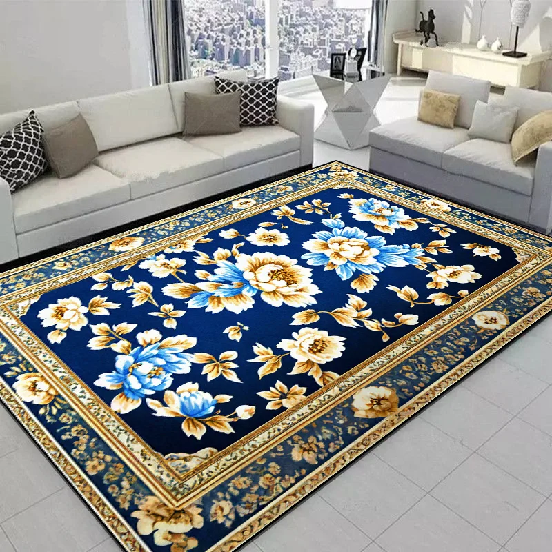 Carpet for Living Room European Classical Blue Flower Carpet Non-slip Bedroom Large Area Floor Mat Washable Cloakroom Lounge Rug