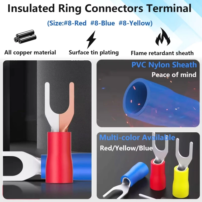 Insulated Fork-Shaped Wire Connectors, Screw M4 Stud Size U-Type Cable Quick Connector Crimp Terminal Kit image 3