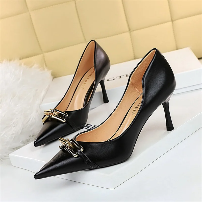 Elegant Women Shallow Mouth Pumps Metal Button Thin Heel Single Shoes Stiletto Banquet Pointed Toe Hollow High Heel