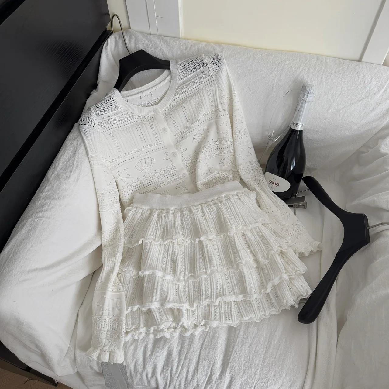 

Casual Knitted Two-Piece Set Women's Long Sve Base Top High Waist Skirt Set Lightweight Faionable Summer Outfit