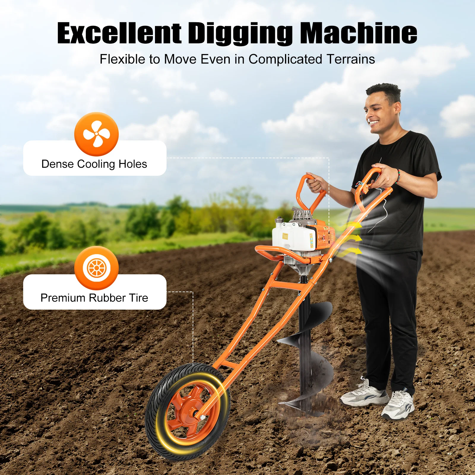 

2-Stroke Post Hole Digger 3HP 63CC Gas Earth Auger Ground Drill Wheelbarrow with 11" Drill Bit for Fence Ground Garden Planting