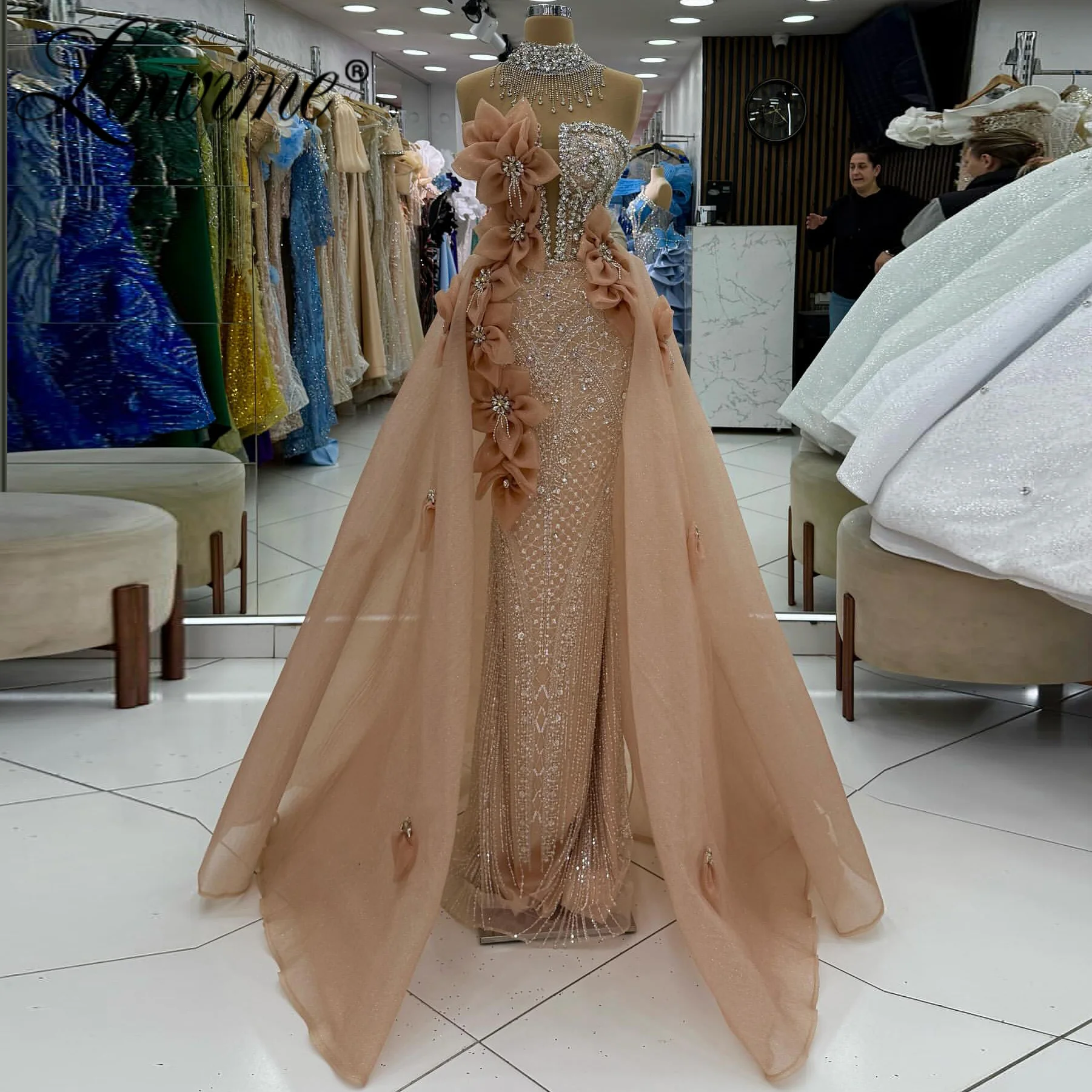 

Orange Prom Dress Customized Two Piece Birthday Party Dresses with Detachable Train 2026 Shiny Crystals Beaded Evening Gowns