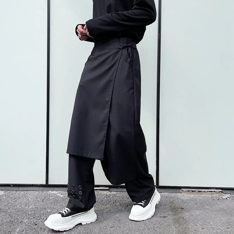 End Men's High Baggy Pants Niche Casual Layered Asymmetric Design Metal Button Hem Avant Garde Streetwear Bottoms JT1U