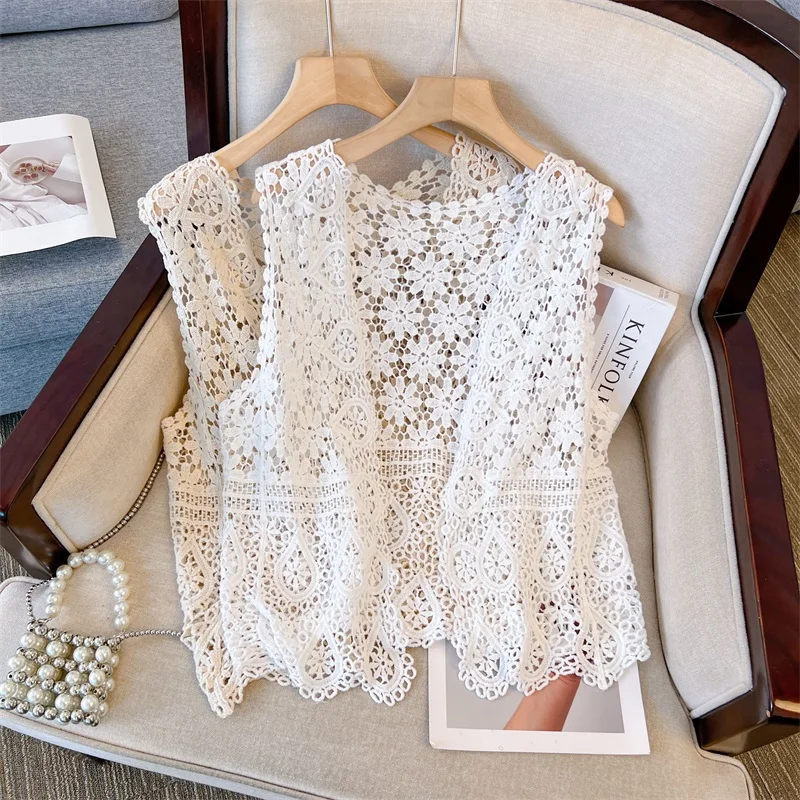 

Summer clothing New Hollow out Crochet Blouse Sleeveless Cardigan Tops Vintage Women Knitted Lace Shirt