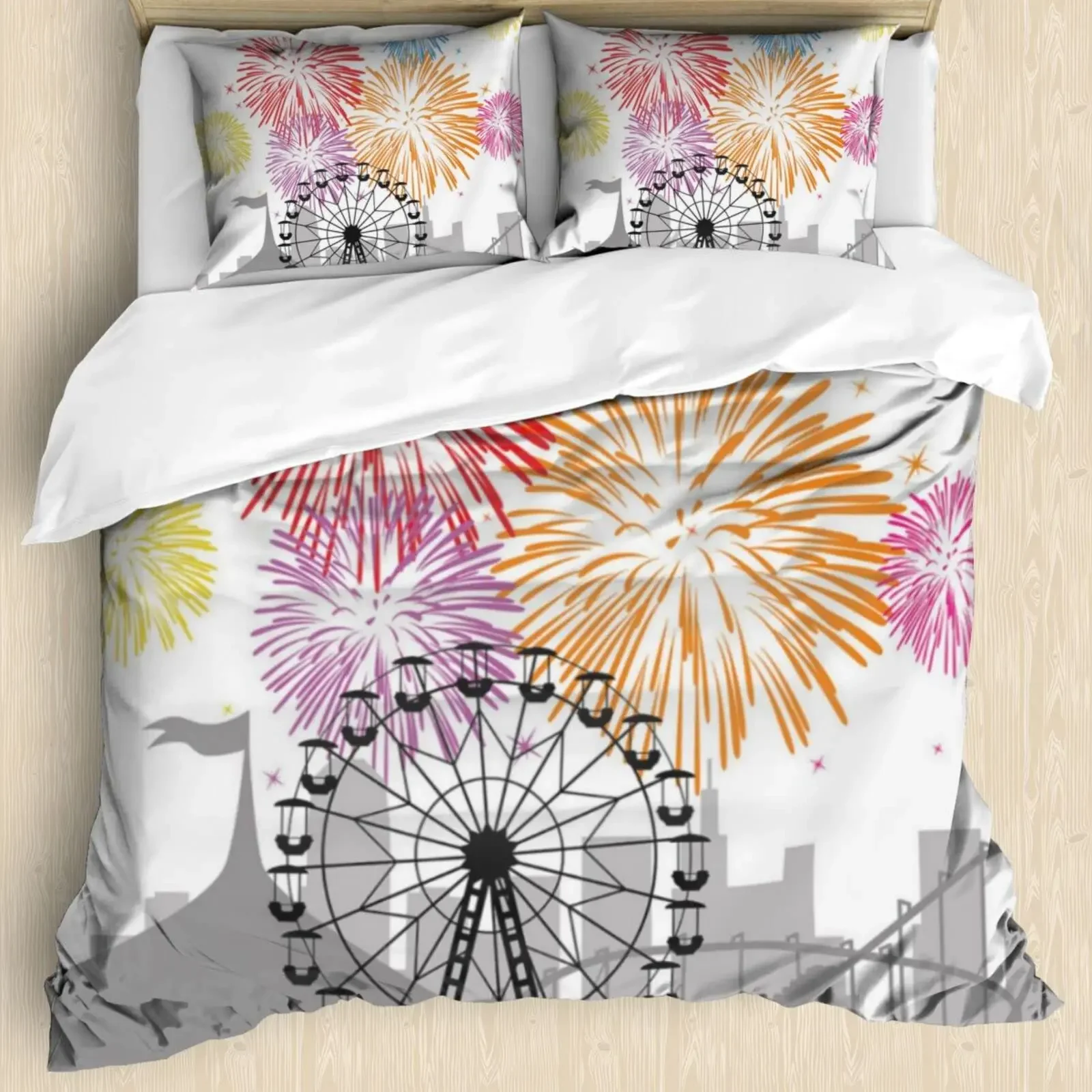 Ferris Wheel Comforter Cover Set Colorful Ferris Duvet Cover Bedding Set 3pcs for Kids Boys Soft Quilt Cover with 2 Pillowcase