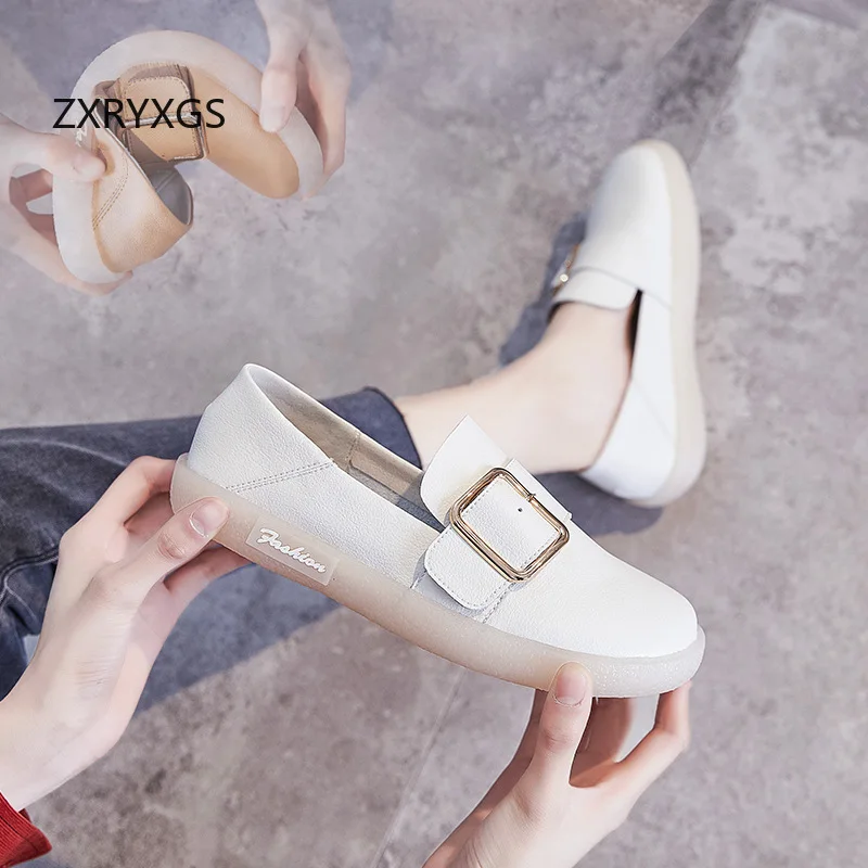 ZXRYXGS British Style Real Leather White Shoes Women's Flats 2025 Fresh Sweet Single Shoes Flat Soft Sole Fashion Casual Shoes
