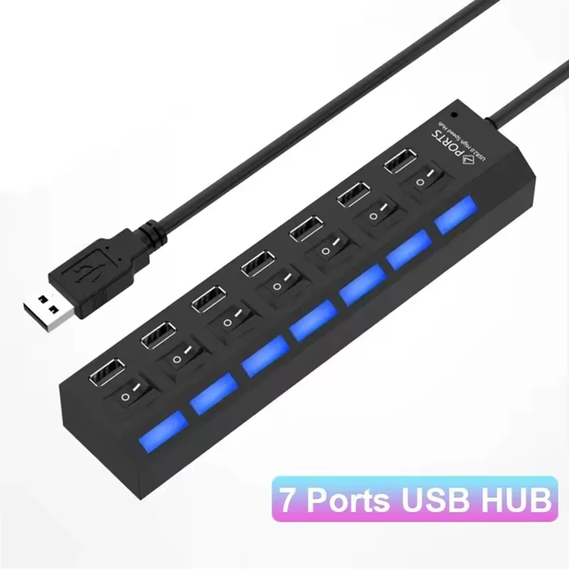 

7 Ports USB 2.0 Hub Splitter For Laptop Computer Accessories Power Adapter Separate Switch Design External Device Connection Hub