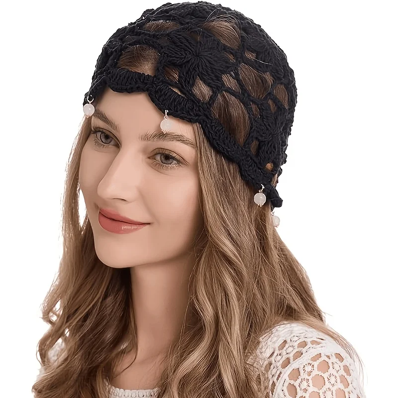 Women's Crochet Skull Hat Hand-knitted Openwork Embossed Headband with Beaded Trim Perfect for Beach Trip Parties