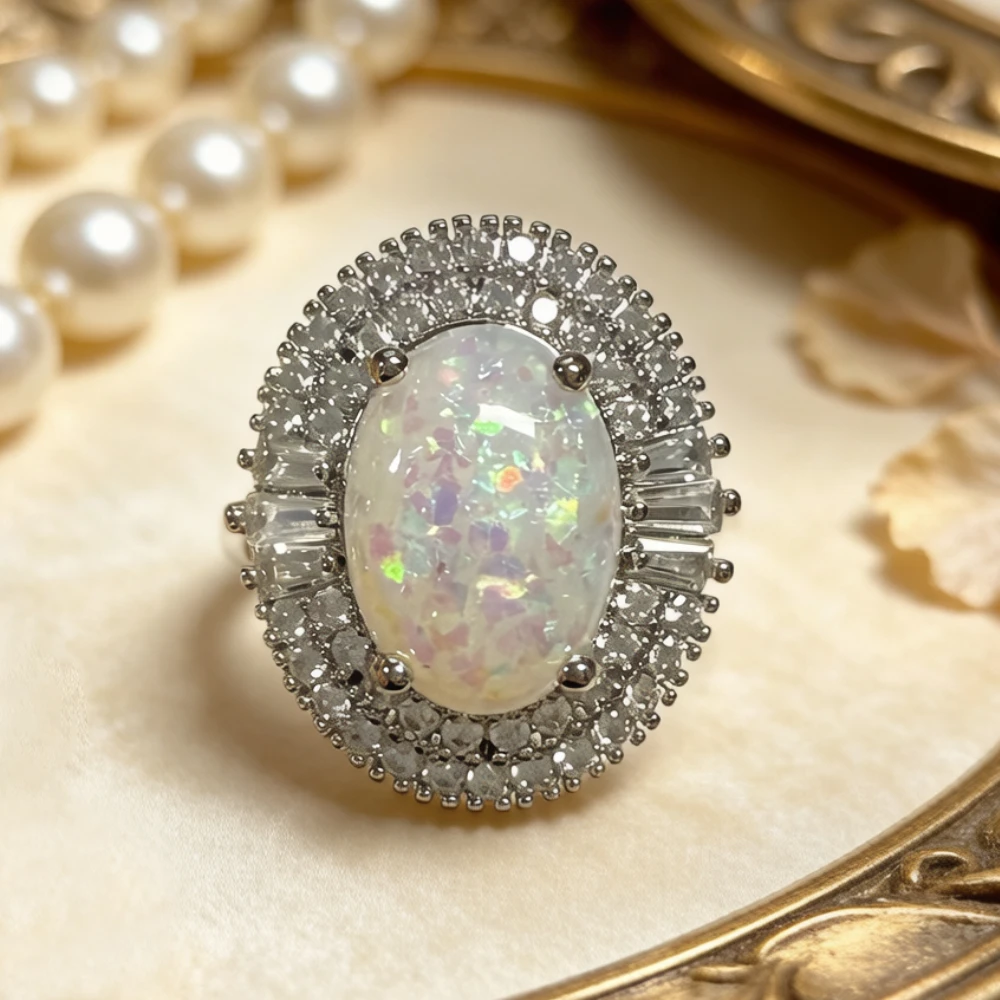 Huitan Imitations-Opalring für Damen, elegant, zart, Party- und Hochzeitsaccessoires, vielseitiger Verlobungsring, Damenschmuck mit eingelegtem CZ