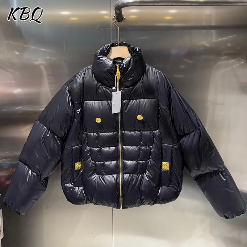 

KBQ Solid Spliced Metal Buckle Jackets for Women Stand Collar Long Sleeve Patchwork Zipper Loose Warm Coat Female Autumn Style