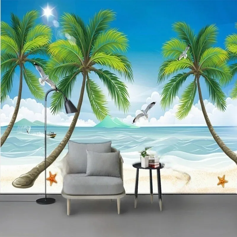 

Nordic Coconut Tree Beach Wall Mural - Modern Minimalist Textured Wallpaper for Living Room Bedroom Decor Wall Art Design