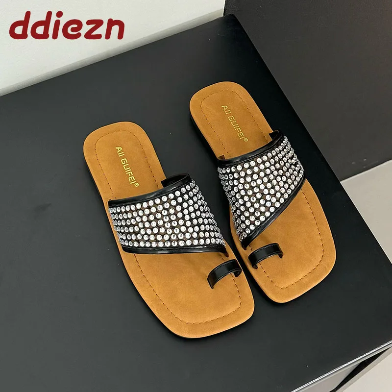 

Fashion Luxury Rhinestones Ladies Flats Slippers Shoes Summer Beach Female Flip flops Slides Women Flats Slippers Sandals Shoes
