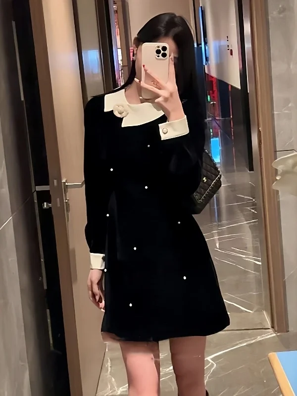 

Платье Hebe Style из бархата с длинными рукавами, женское, весеннее, в стиле Rich Girl, с богатой отделкой, короткое, повседневное, А-силуэт