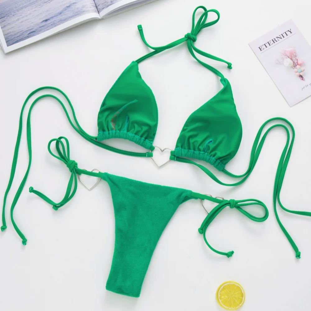 Green Bikini Thong Set Heart Sexy String Micro Extreme Swimsuit Y2K Women Beach Swimwear Two Piece Bathing Swimming Suit Bikinis