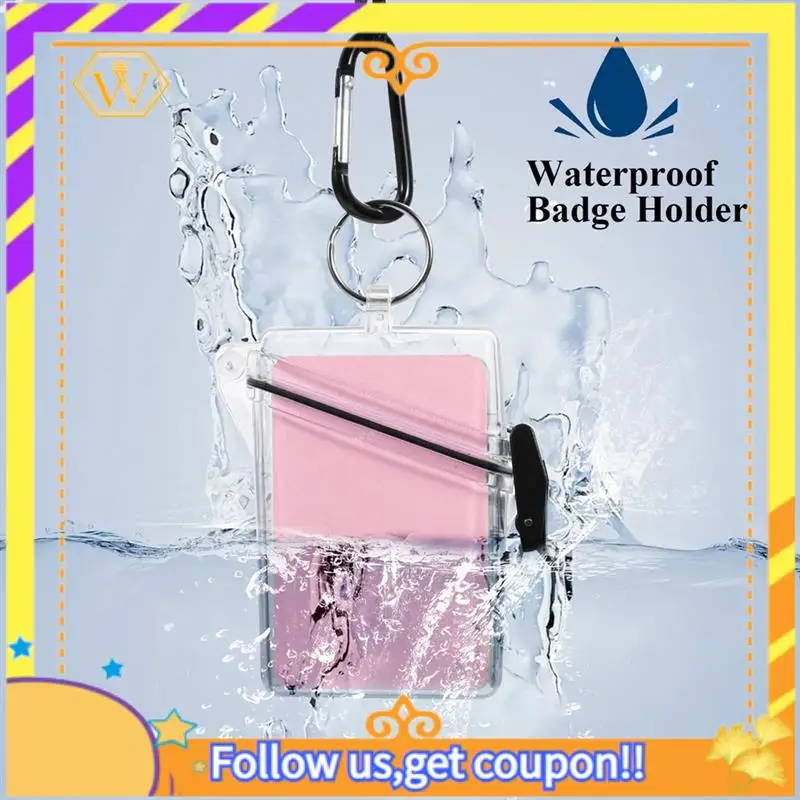 

Latest-5 Pack Waterproof ID Badge Holder Case Clear Vertical ID Card Holder With Lanyard Carabiner And Keychain Locker Dry Box