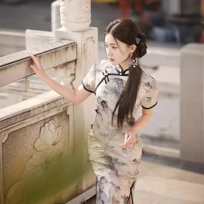 

Cheongsam Ink Wash, новинка лета 2023, молодой стиль, высококачественное длинное улучшенное платье в стиле ретро с темпераментом