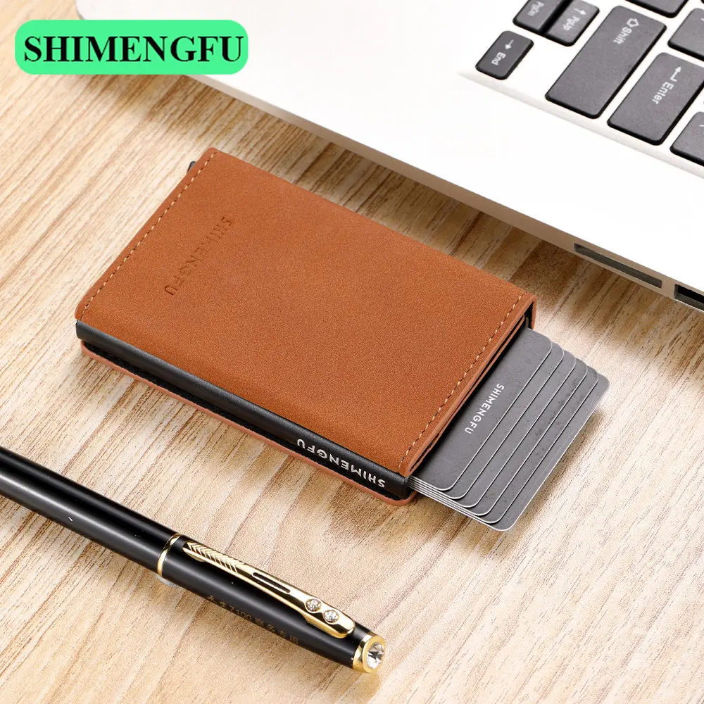 Automatic Card Holder Magnetic PU Leather Mini Men Wallet Business Card Case RFID Metal Card Cover Smart  ID Cardholder Women