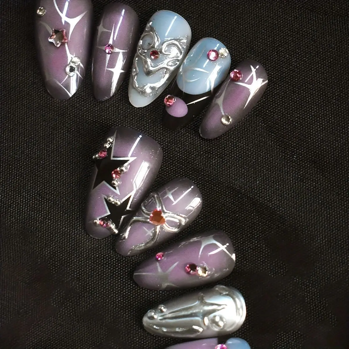 

10 шт. темно-фиолетовых накладных ногтей с 3D-дизайном из страз, ручной работы, с полным покрытием, для ношения, в стиле Y2K, в стиле Spice Girl, в форме миндаля