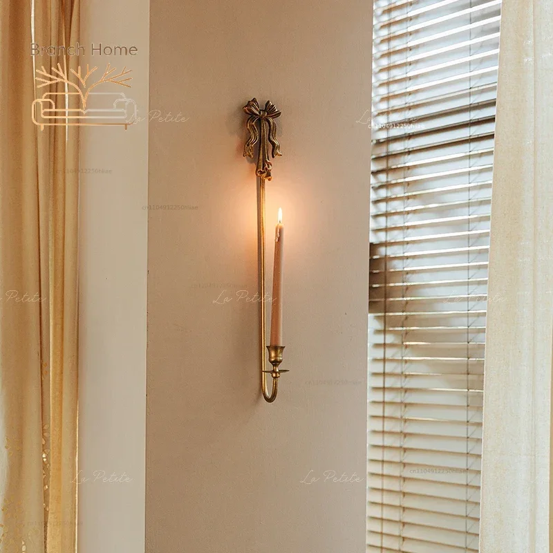 Golden Metal Candlestick Retro Bowknot Wall Decorative Candle Holder Super High Living Room Bedroom Hallway Home Iron Wall Decor