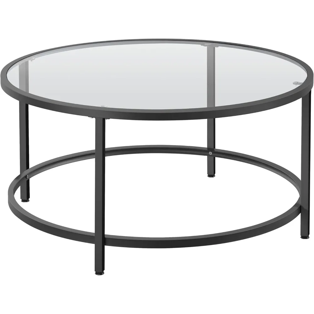 

Round Glass Coffee Table, Black Circle Coffee Table Center Table with Glass Top, Small Coffee Table for Living Room