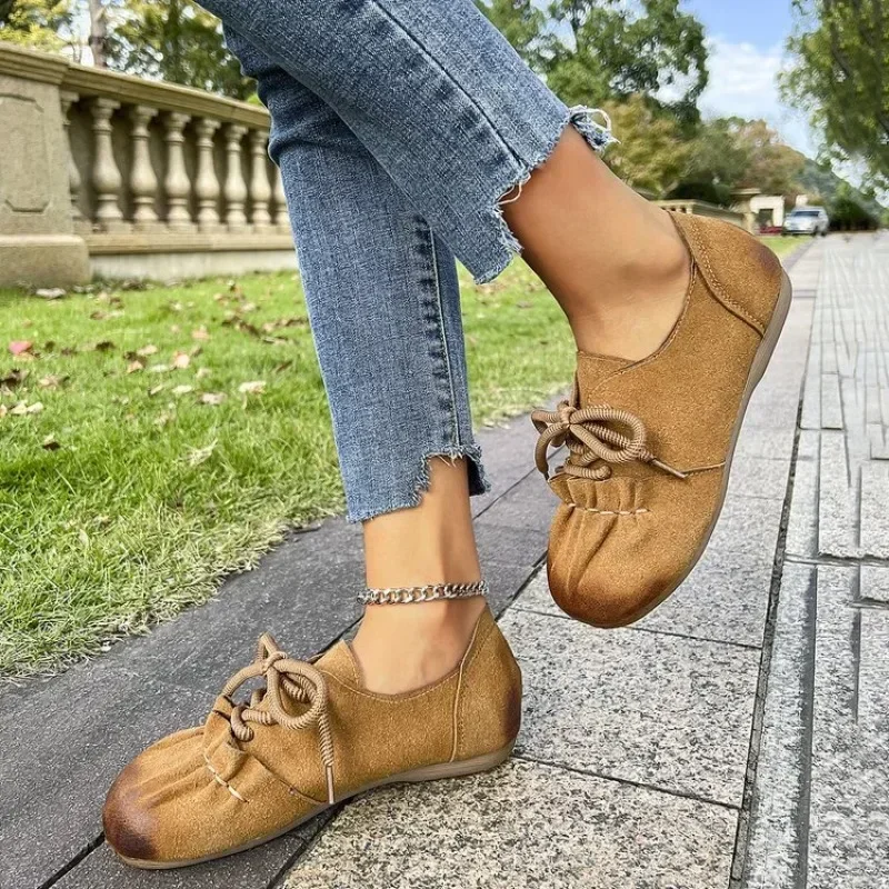 2024 tendência sapatos femininos moda redonda apartamentos conforto rendas até antiderrapante apartamentos casuais versátil sapatos tamanhos grandes zapatos mujer